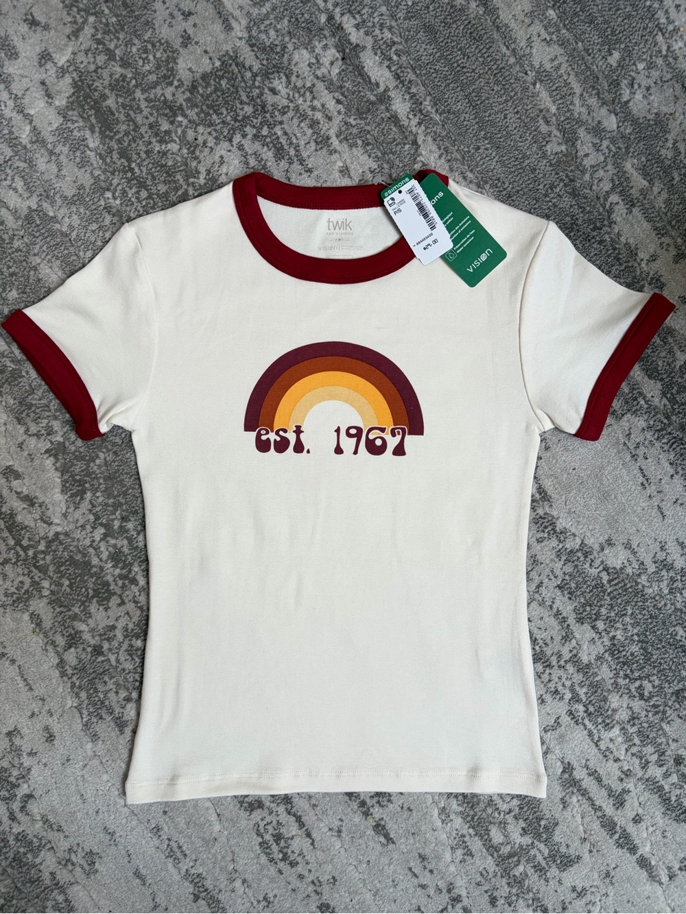 twik Cream Ringer Tee with Burgundy Trim and Retro Rainbow Graphic